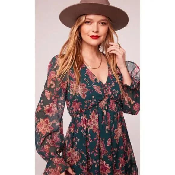 Band of the Free BOG Dress Small Run the World Pine Berry Boho Floral Flowy Midi - Picture 3 of 16